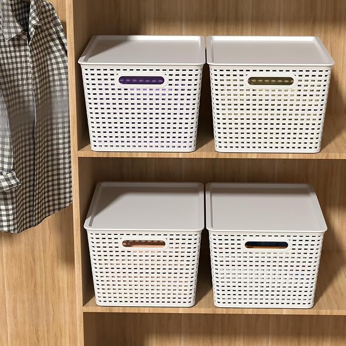6-Pack Large Plastic Storage Baskets with Lid, Lidded Storage Organizer Bins, White
