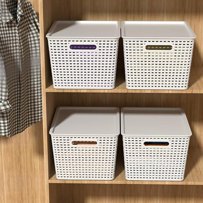 6-Pack Large Plastic Storage Baskets with Lid, Lidded Storage Organizer Bins, White