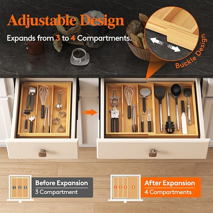 Lifewit Utensil Organizer for Kitchen Drawer, Expandable Cooking Utensil Tray, Cutlery Silverware Flatware Holder, Wood Adjustable Spatula Tools Storage Divider, 30-55 x 40cm, Natural