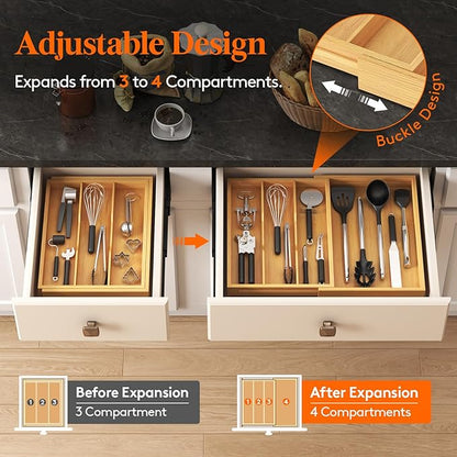 Lifewit Utensil Organizer for Kitchen Drawer, Expandable Cooking Utensil Tray, Cutlery Silverware Flatware Holder, Wood Adjustable Spatula Tools Storage Divider, 30-55 x 40cm, Natural