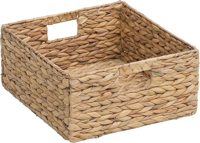 eHemco Large Square Woven Hyacinth Wicker Pantry Storage Baskets with Iron Wire Frame, 12"x12"x6", Natural, Set of 4