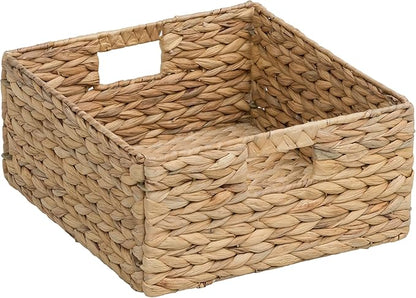 eHemco Large Square Woven Hyacinth Wicker Pantry Storage Baskets with Iron Wire Frame, 12"x12"x6", Natural, Set of 2