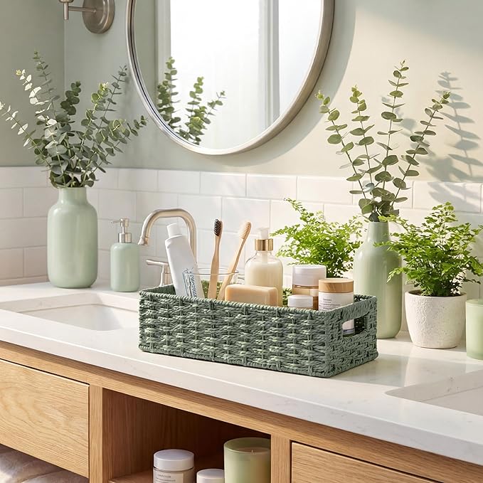 StorageWorks Small Wicker Toilet Basket Tank Topper with Built-in Handles, Toilet Paper Baskets for Back of Tank, Paper Rope Bathroom Basket Organizer and Storage for Sage Green Bathroom Decor, Green