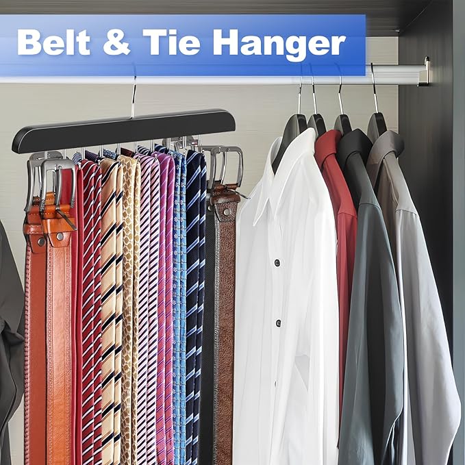 RESOVO Upgraded Tie Rack Hanger with 20 Foldable Metal Hooks, Space Saving Necktie Organizer for Men – Large Capacity Tie and Belt Wooden Hanger for Closet - Black 2 Pack