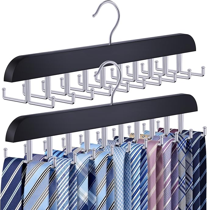 Tie Rack Hanger for Closet 20 Foldable Hooks, 2 Pack Wooden Non Slip Large Capacity Space Saving Tie and Belt Organizer with 360° Rotating Hooks for Tank Tops Bras Scarves Hat