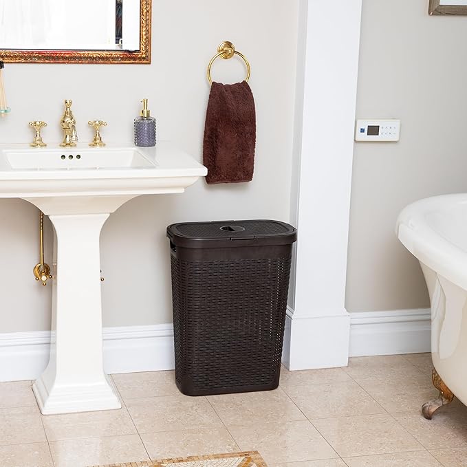 Mind Reader Slim Laundry Hamper with Lid, 40L Clothes Basket, Narrow Tapered Design with Ventilated Cutout Pattern, Plastic, Brown