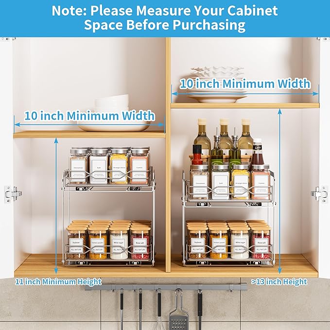 BOIVSHI Pull Out Spice Rack, 2 Tier Spice Organization for Cabinet, Heavy Duty Spice Rack, 9-1/4 inch Wide - Spice Racks for Inside Cabinets, Kitchen, Pantry - Chrome, 9.25”W x 10.39”D x 9.76”H