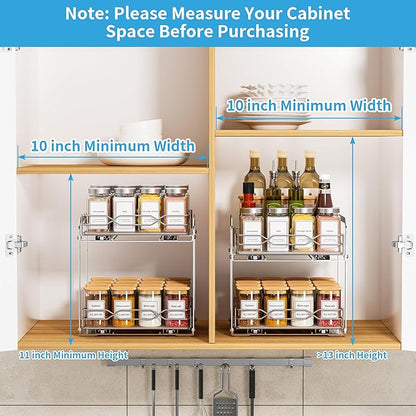 BOIVSHI Pull Out Spice Rack, 2 Tier Spice Organization for Cabinet, Heavy Duty Spice Rack, 9-1/4 inch Wide - Spice Racks for Inside Cabinets, Kitchen, Pantry - Chrome, 9.25”W x 10.39”D x 9.76”H