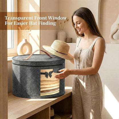 Hat Boxes for Women/Men Storage, 16" D x 10" H, Round Hats Storage Box Container for Closet, Clothes Storage Bin for Stuffed Animal Toy, Foldable Caps Organizer for Travel with Dustproof Lid (Grey)