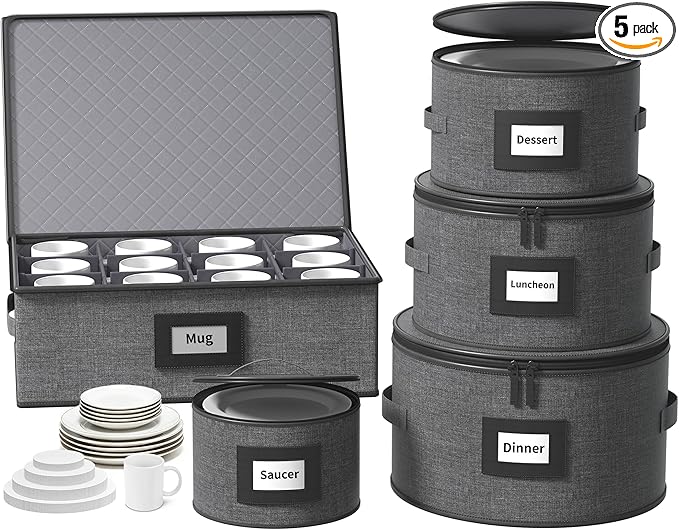 Aokeyee 5-Piece China Storage Containers Set, Hard Shell Moving Boxes for Dishes, Plates & Mugs – Dinnerware Organizer with Soft Felt Dividers, Sturdy Handles & Zippers, Grey