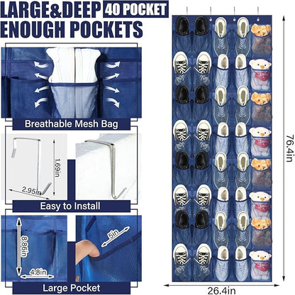 Windyun 40 Large Over the Door Hanging Shoe Organizer Navy Blue Mesh Pockets Shoe Rack for Closet Behind Door Hanger Storage Holder Nonslip for Cruise Essentials, Dorm Room Storage, Utility Room