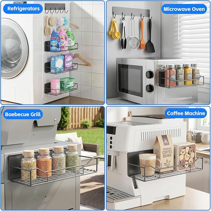 Magnetic Spice Rack for Refrigerator, 5 Pack Magnetic Fridge Organizer Shelves, Strong Magnet, No Drilling, Space Saving Shelf Organizer for Kitchen, Refrigerator & Laundry Room Storage (Grey)