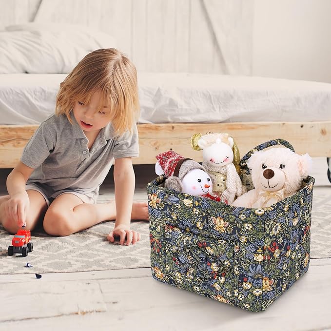 Storage Basket Boho Fabric Large Collapsible Floral Laundry Nursery Hamper Portable Folding Storage for Clothes Toys (Blue)