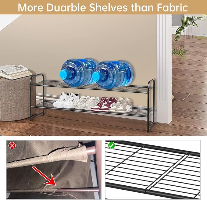 KEETDY 2-Tier Long Shoe Rack for Closet Metal Shoe Organizer for Entryway, Wide Stackable Shoe Storage Shelf with Sturdy Wire Grid for Closet Floor, Bedroom, Black