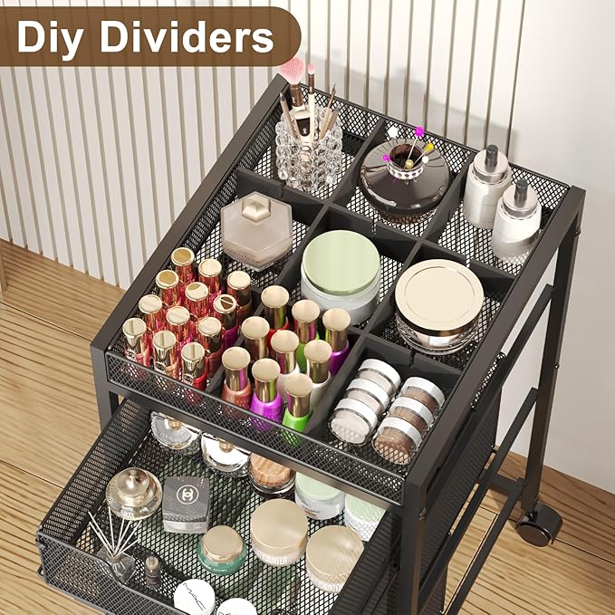 JKsmart Rolling Makeup Cart Organizer with 3 Drawers, Cosmetics Display with Dividers, Floor Skincare Storage with Wheels, Versatile Vanity Organizer for Nail Polish Perfume Brush Hair Tool, Black