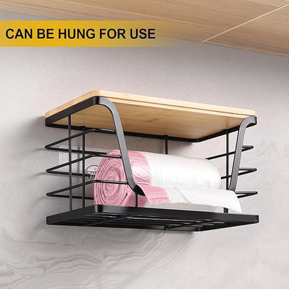 ALOCEO 2 Pack Storage Stackable Kitchen Laundry Organizers with Bamboo Top, Large Trash Bag Holder and Small Garbage Bag Dispenser for Countertop Organization