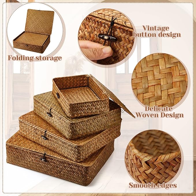 Didaey Set of 4 Seagrass Basket with Lid Wicker Storage Basket Decorative Storage Boxes with Lids Flat Storage Bins Woven Organizer Baskets for Shelf Closet Bedroom, 4 Sizes (Brown)