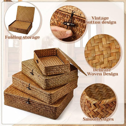 Didaey Set of 4 Seagrass Basket with Lid Wicker Storage Basket Decorative Storage Boxes with Lids Flat Storage Bins Woven Organizer Baskets for Shelf Closet Bedroom, 4 Sizes (Brown)