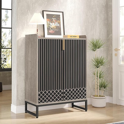 LITTLE TREE Shoe Cabinet for Entryway, 5-Tier Shoe Cabinet with Doors, Modern Shoe Storage Cabinet, Gray Wooden Shoe Cabinets with Black Metal Legs for Living Room, Bedroom
