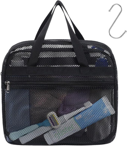 F-color Mesh Shower Caddy Portable with Zipper -Dorm Room Essentials for Guys Girls with S Hook, Shower Bag Basket Tote for College Camping Toiletry Bathroom, Black