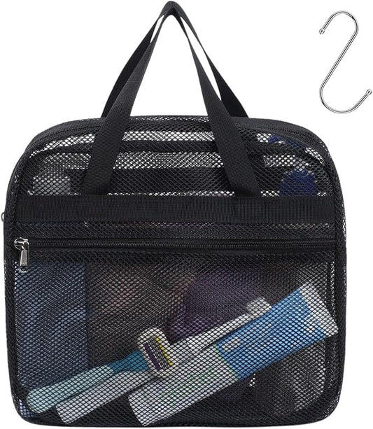 F-color Mesh Shower Caddy Portable with Zipper -Dorm Room Essentials for Guys Girls with S Hook, Shower Bag Basket Tote for College Camping Toiletry Bathroom, Black