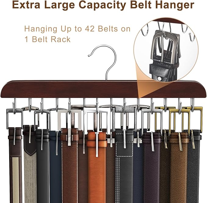 Belt Hanger for Closet, Sturdy Wood Belt Rack Closet Accessories with 14 Hooks Belt Organizer for Closet Organizers and Storage Max 42 Belts-Mahogany 1 Pack