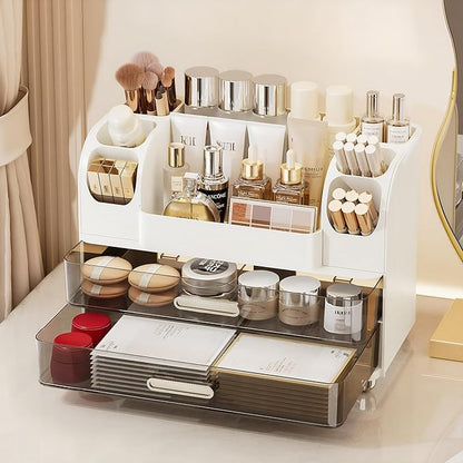 Makeup Organizer with 2 Drawers, Cosmetic Display Case, Storage Holder for Vanity, Bathroom Counter, Desk, Beauty Supplies (White)