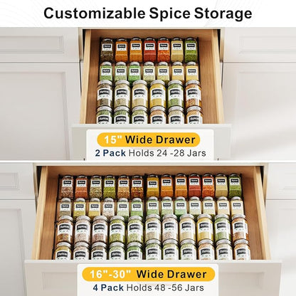 iSPECLE 4 Pack Spice Drawer Organizer, 2-Tier Low Profile Spice Rack Insert for Kitchen Drawers, Fits 15"–30" Wide Drawers, Keeps Labels Visible, No Slip No Rattle, Oil-Resistant Carbon Steel, Black