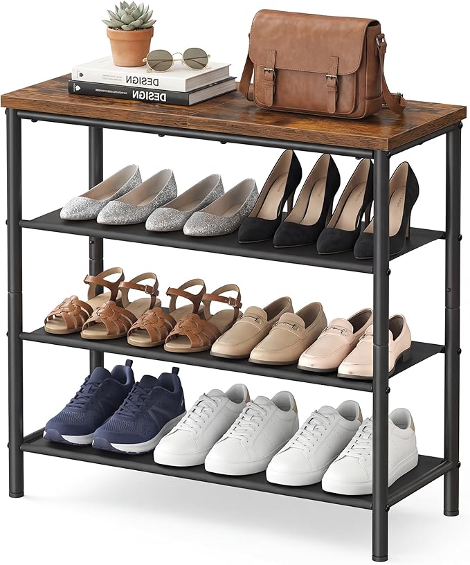 SONGMICS HOME 4-Tier Shoe Rack, Free Standing Shoe Storage Organizer, 12 x 29.7 x 28.2 Inches, Metal Frame with Top Surface for Closet Entryway, Rustic Brown and Black