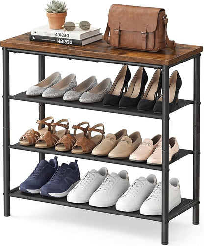 SONGMICS HOME 4-Tier Shoe Rack, Free Standing Shoe Storage Organizer, 12 x 29.7 x 28.2 Inches, Metal Frame with Top Surface for Closet Entryway, Rustic Brown and Black