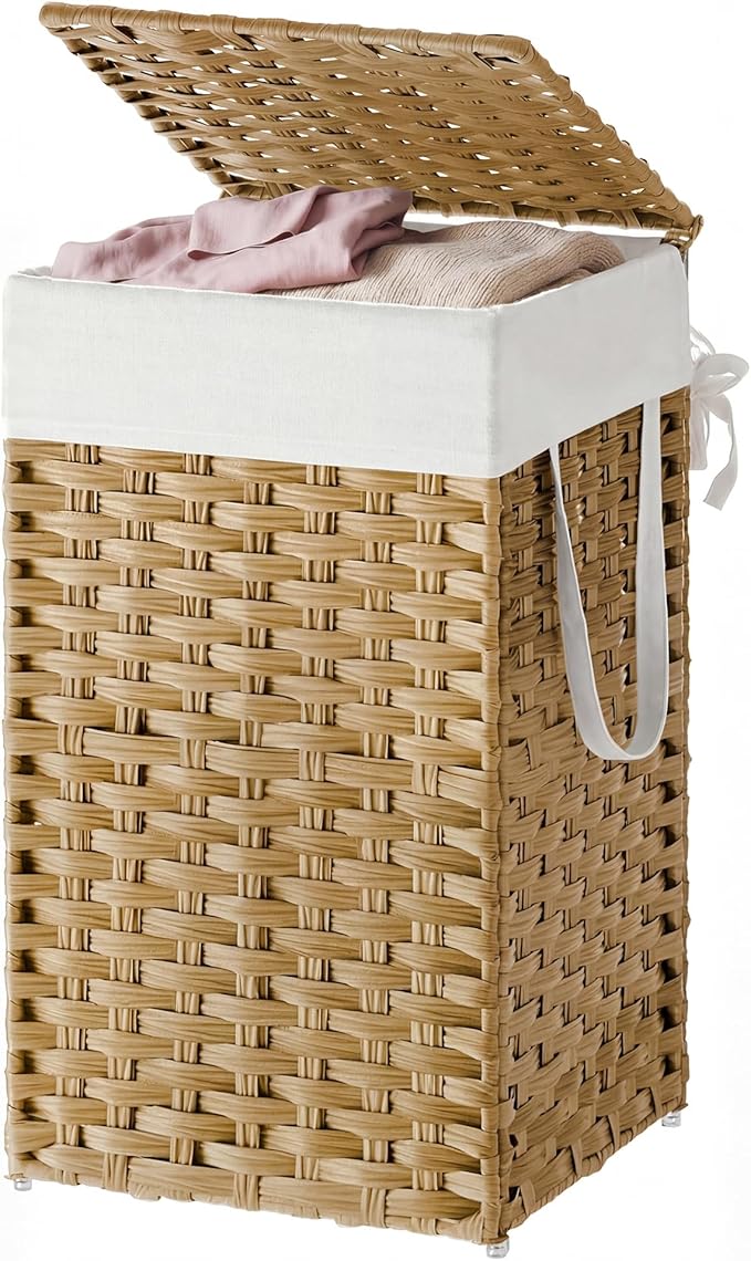 SONGMICS HOME Laundry Hamper with Lid, Clothes Basket with Removable Liner and Handles, 17.2 Gallon, Foldable Narrow Laundry Organizer for Bathroom, Bedroom, Light Brown