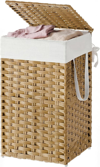 SONGMICS HOME Laundry Hamper with Lid, Clothes Basket with Removable Liner and Handles, 17.2 Gallon, Foldable Narrow Laundry Organizer for Bathroom, Bedroom, Light Brown