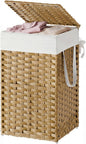 SONGMICS HOME Laundry Hamper with Lid, Clothes Basket with Removable Liner and Handles, 17.2 Gallon, Foldable Narrow Laundry Organizer for Bathroom, Bedroom, Light Brown