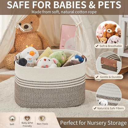 Large Woven Laundry Basket Hamper, 72L Cotton Rope Storage Bin for Blankets, Toys, Clothes, Decorative Nursery Hamper for Living Room, Baby Nursery, Bathroom, Bedroom, Kids Storage, Brown