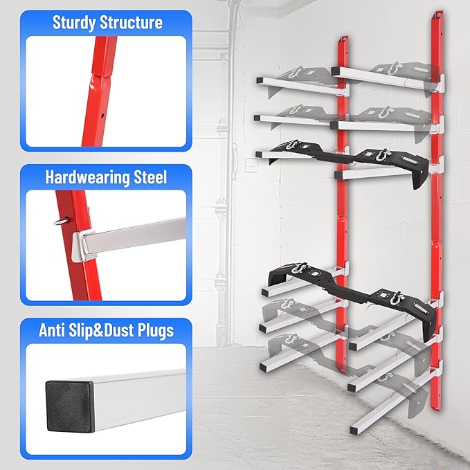 6 Place Wall Mount Bumper Rack Stand, Auto Body Bumper Storage Rack, Load 200LBS/Pair Arms, Adjustable Arms for More Scenarios, Such as Body Repair Parts Storage, Wood Lumber Storage - Red