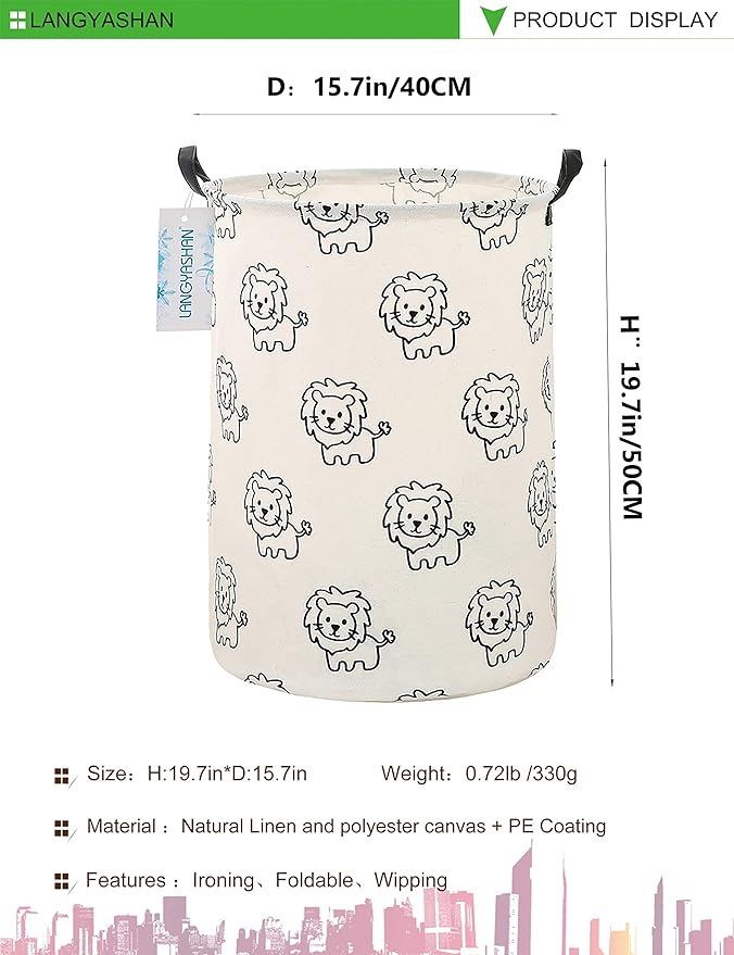 Laundry Basket Canvas Fabric Collapsible Organizer Basket for Storage Bin Toy Bins Gift Baskets Bedroom Clothes Children Nursery Hamper (Lion)
