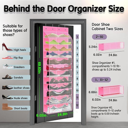 Kotkn Over The Door Shoe Organizer with 12 Large Breathable Pockets - Durable Hanging Storage for the Entire Family's Shoes (Pink)