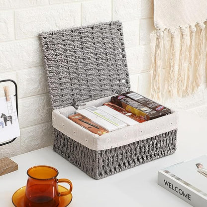 GIB Small Wicker Storage Baskets with Lids and Liner, Rectangular Paper Rope Woven Baskets for Organizing, Decorative Boxes Boho Decor for Shelves Table Desktop Makeup Organizer, Set of 3, Grey