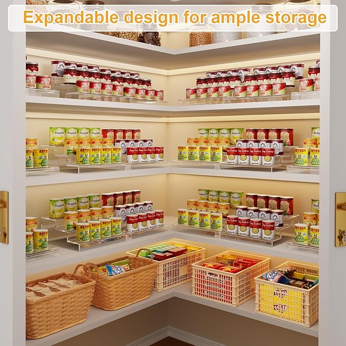 Adjustable Acrylic Can Rack Organizer for Pantry, 3 Tier Expandable Canned Storage Holder, Soda Can Dispenser Shelf Holds Up to 24 Cans, Clear Canned Display for Cabinet & Countertop (Patent Pending)