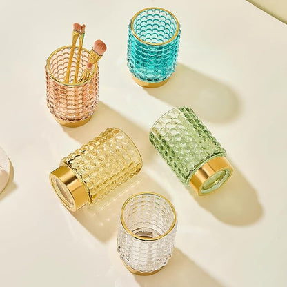 Makeup Brush Holder Organizer,Toothbrush Holders,Desk Pen Pencil Holder,Multifunctional Vintage Glass Brush Cup(A38-14-US/Pink/L)