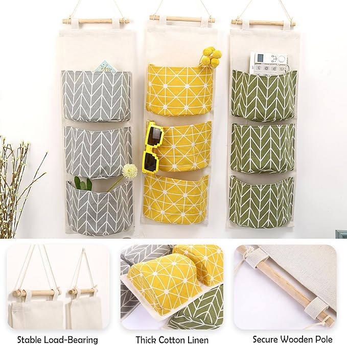 COVRA 3-Pack Wall Hanging Storage Bags – Over-the-Door Organizers with 3 Large Pockets (6.3" × 5.1"), Hanging Closet & Pantry Organizer for Bedroom, Bathroom, Dorm, and More (Gray)