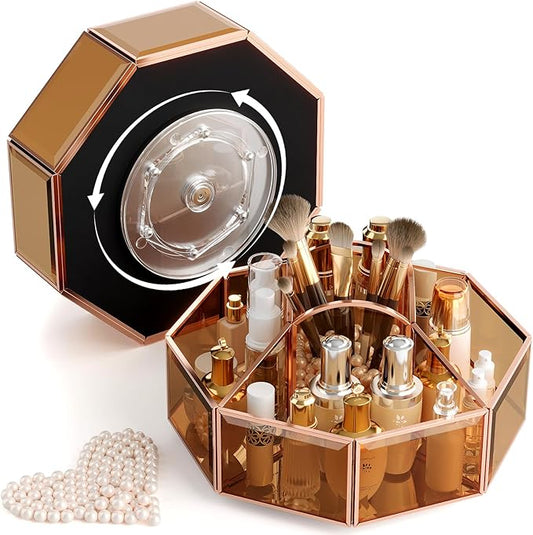 CoralHouse 360° Rotating Makeup Organizer Spinning Vanity Organizer with Makeup Brush Holder for Countertop, Bathroom Storage, Skincare, Perfume & Cosmetic Organizer for Vanity(Black)