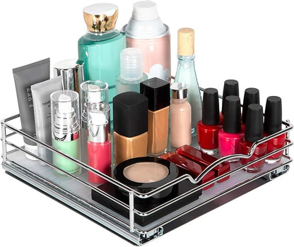 Pull-Out Cabinet Spice Rack Organizer - Slim Slide-Out Storage for Spices, Bottles & Jars, Premium Heavy-Duty Steel, Easy Install for Narrow Kitchen Cabinets - 10 ⅜ W x 10 ⅜ D x 2 ¾ H, Chrome