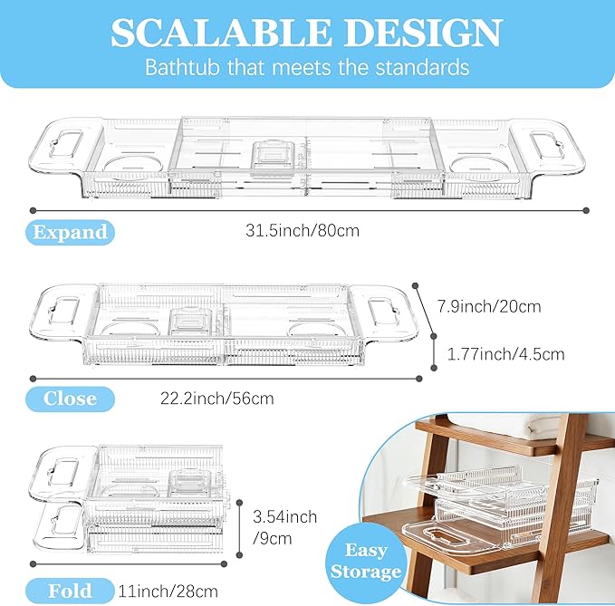 Expandable Bathtub Tray Caddy, AZ. MIFENO Clear Acrylic Bath Tray for Tub for Bath Relaxing, Foldable Bath Table Trays Luxury Spa Bathtub & Bathroom Accessories for Women Gift (Clear)