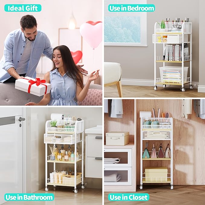 HapiRm Makeup Organizer Storage Cart - 4 Tier Skincare Make Up Storage with Drawer, Rolling Makeup Cart Vanity Organizer Cosmetics Display Cases Holder for Skin Care Perfume Nail Polish Brush