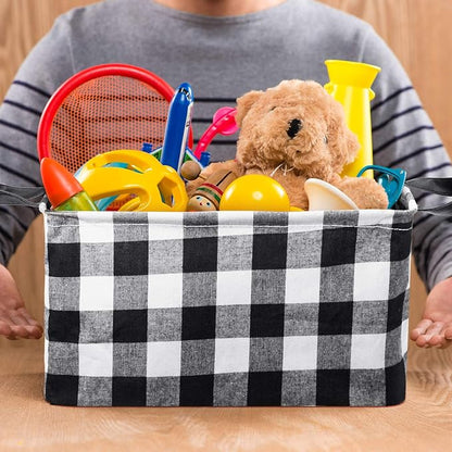 Boao 6 Pcs Buffalo Plaid Basket Square Storage Basket Black and White Buffalo Check Basket Bin Solid Storage Organizer with Handles Collapsible Square Organizer for Home Office