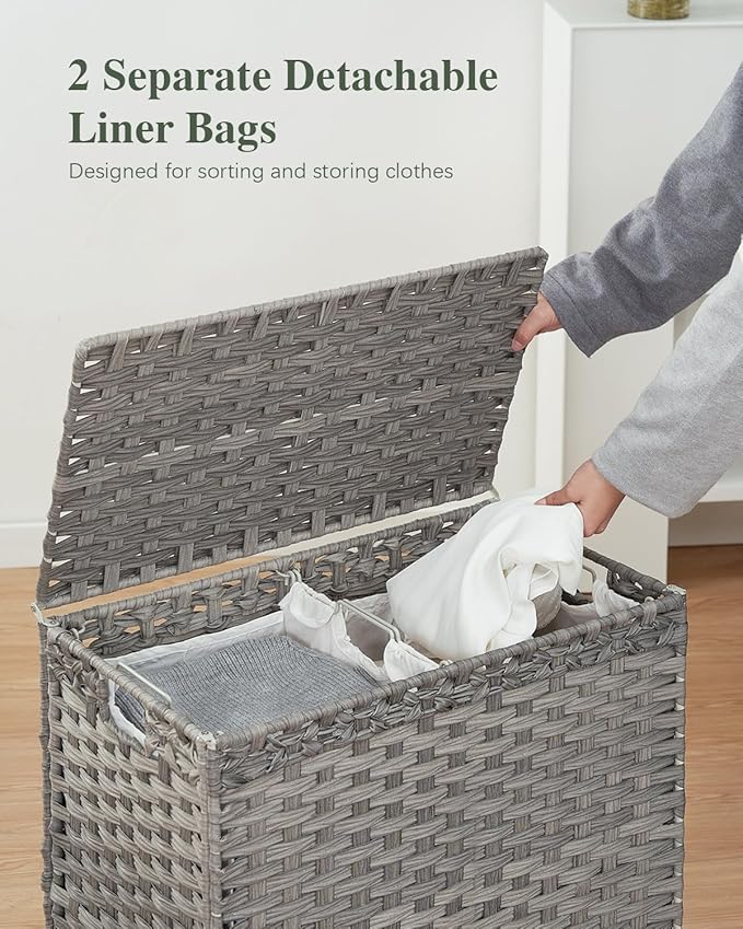 SETVSON Laundry Hamper with Lid, 112 L Handwoven Rattan Wicker Laundry Basket, 2 Removable Liner Bags Metal Heightened Feet, 6 Mesh Bags, 2 Section Large Clothes Hamper for Bathroom Bedroom, Gray