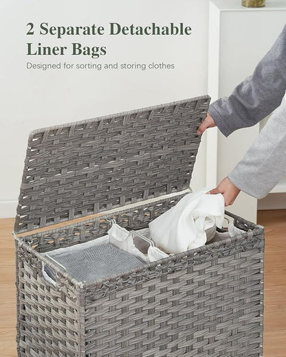 SETVSON Laundry Hamper with Lid, 112 L Handwoven Rattan Wicker Laundry Basket, 2 Removable Liner Bags Metal Heightened Feet, 6 Mesh Bags, 2 Section Large Clothes Hamper for Bathroom Bedroom, Gray
