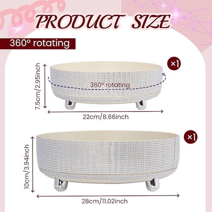 Rotating Bling Perfume Makeup Organizer, Rhinestone Cosmetic Display Cases with 2-Piece Set, 360° Spinning Bathroom Organizers for Countertop, Vanity Table | White