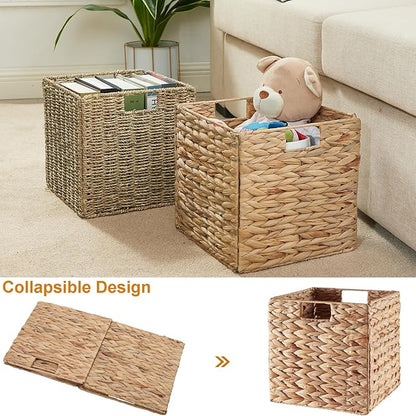 Vagusicc Wicker Storage Basket, Set of 2 Water Hyacinth Storage Baskets for Organizing, 11x11x11 Storage Cube Bins, Wicker Storage Cubes, Natural Foldable Square Baskets for Shelf Laundry Organizer
